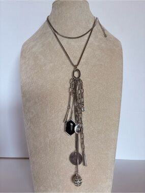 WHBM White House Black Market Silver Pendant Necklace Black Crystal 26"